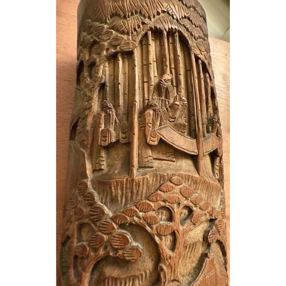 Antique Chinese carved‎ landscapes and figurines bamboo brush pot Vase